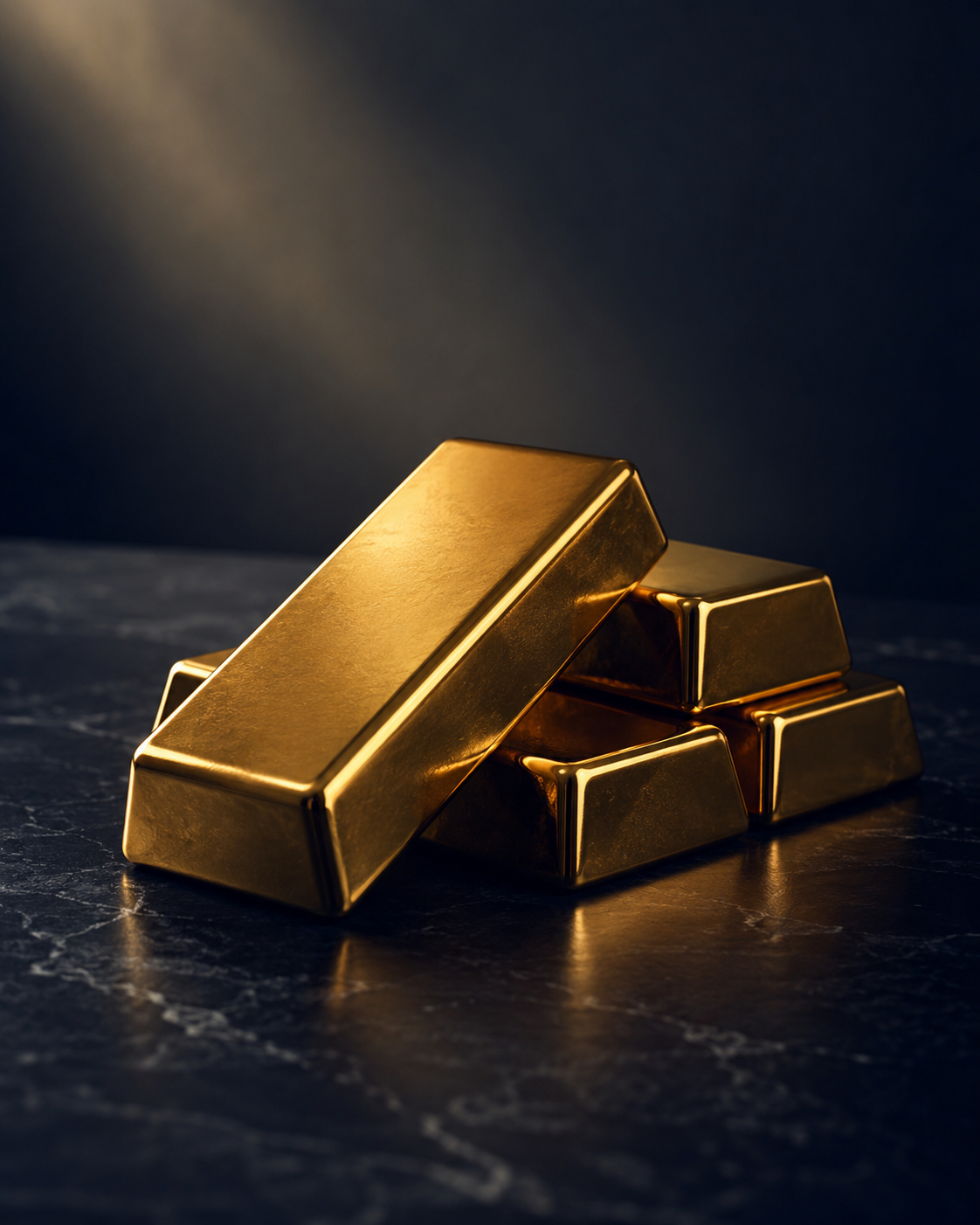 Stack of polished gold bars on a dark marble surface lit by a soft beam of light